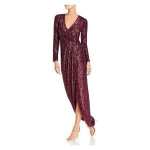 NWT AQUA DRESSES Womens Burgundy Lined Long Sleeve Faux Wrap Dress 6
